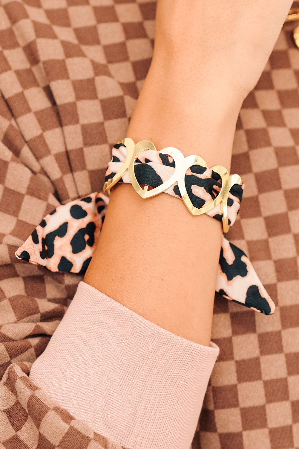Camel Hollow Out Heart Leopard Print Ribbon Bracelet