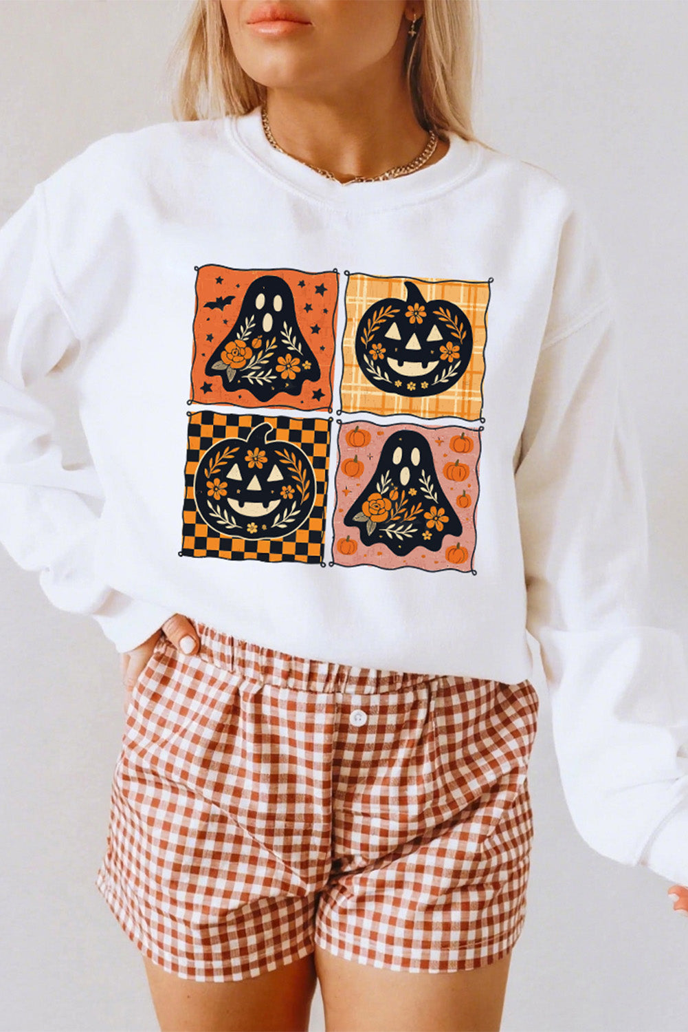 White Halloween Ghost Pumpkin Face Floral Checkered Graphic Sweatshirt