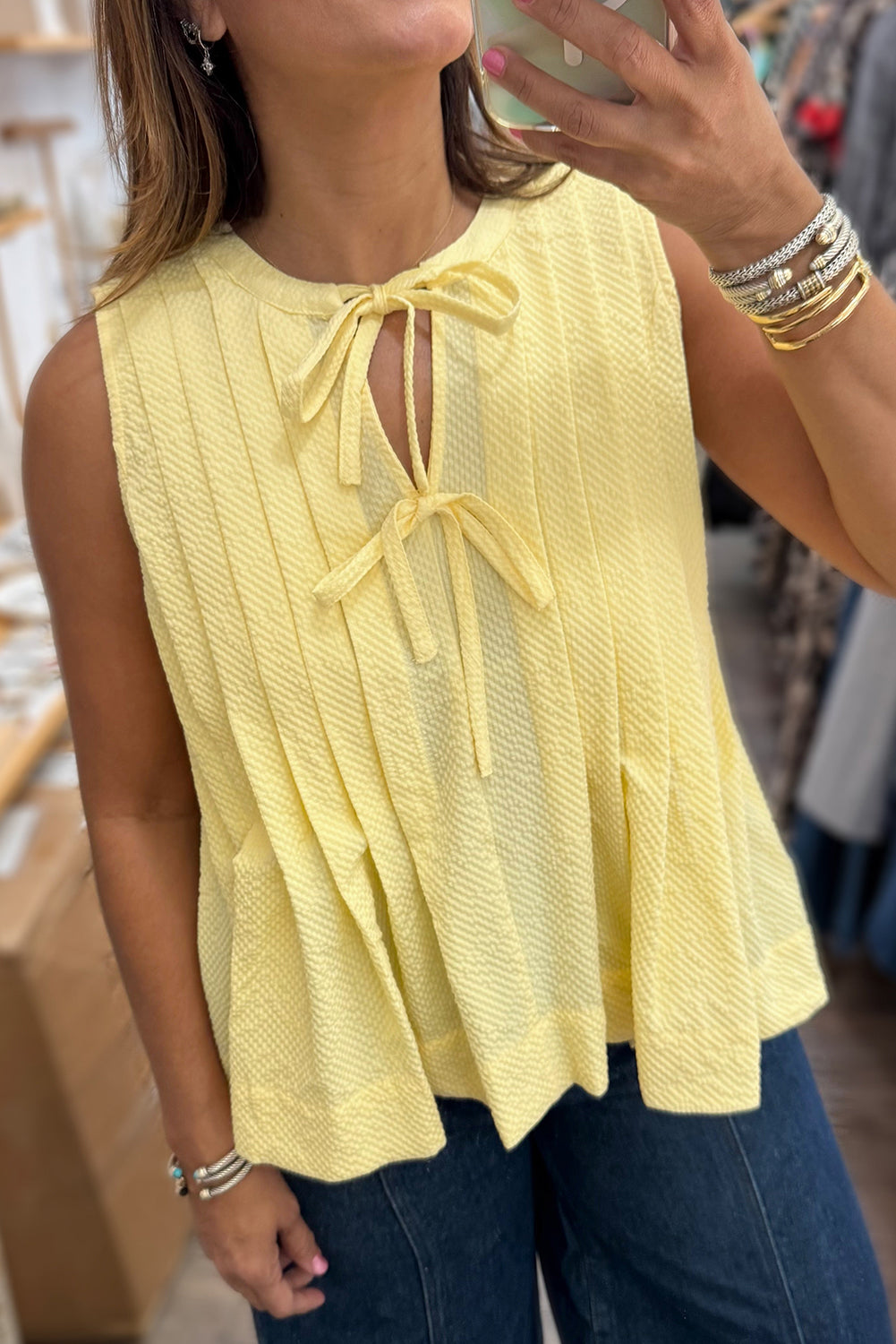 Yellow Cream Bow Tie Notched Neck Pleated Sleeveless Top