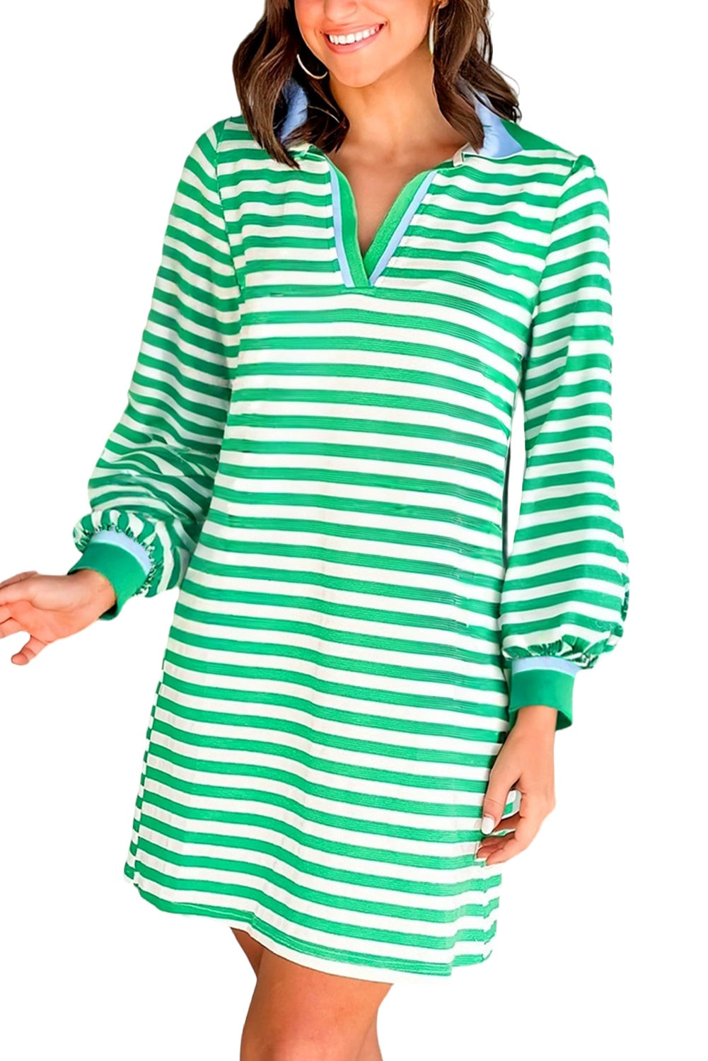Green Pop of Color V Neck Striped Long Sleeve Mini Dress