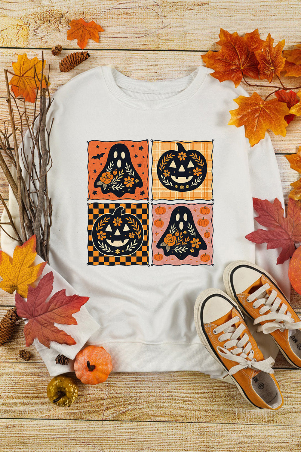 White Halloween Ghost Pumpkin Face Floral Checkered Graphic Sweatshirt