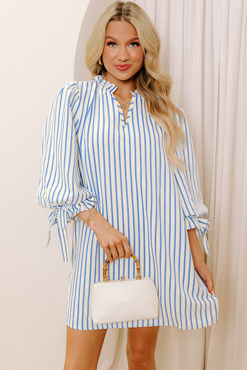 Sky Blue Striped Notched Neck Knot Cuffs Mini Dress