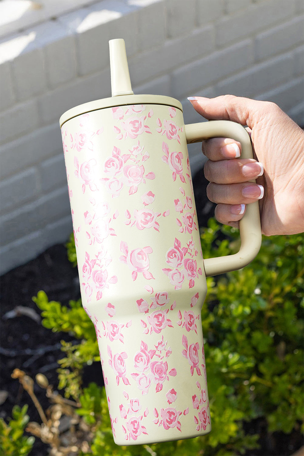 White Flower Print Handle Insulated Large Tumbler