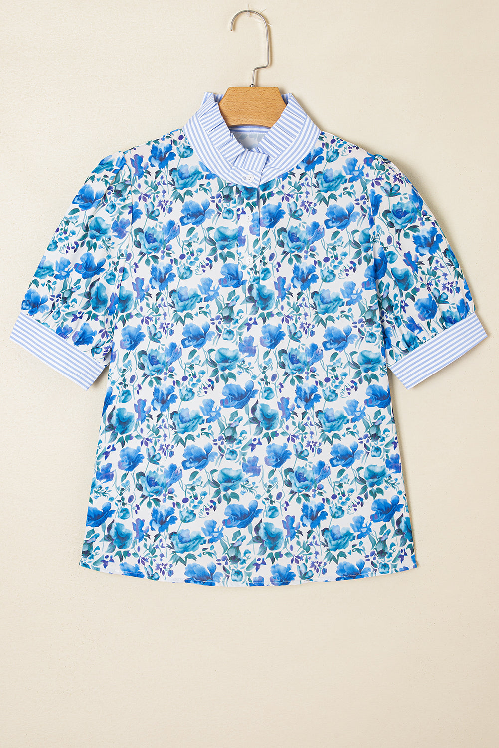 Sky Blue Floral Print Striped Patchwork Collared Blouse