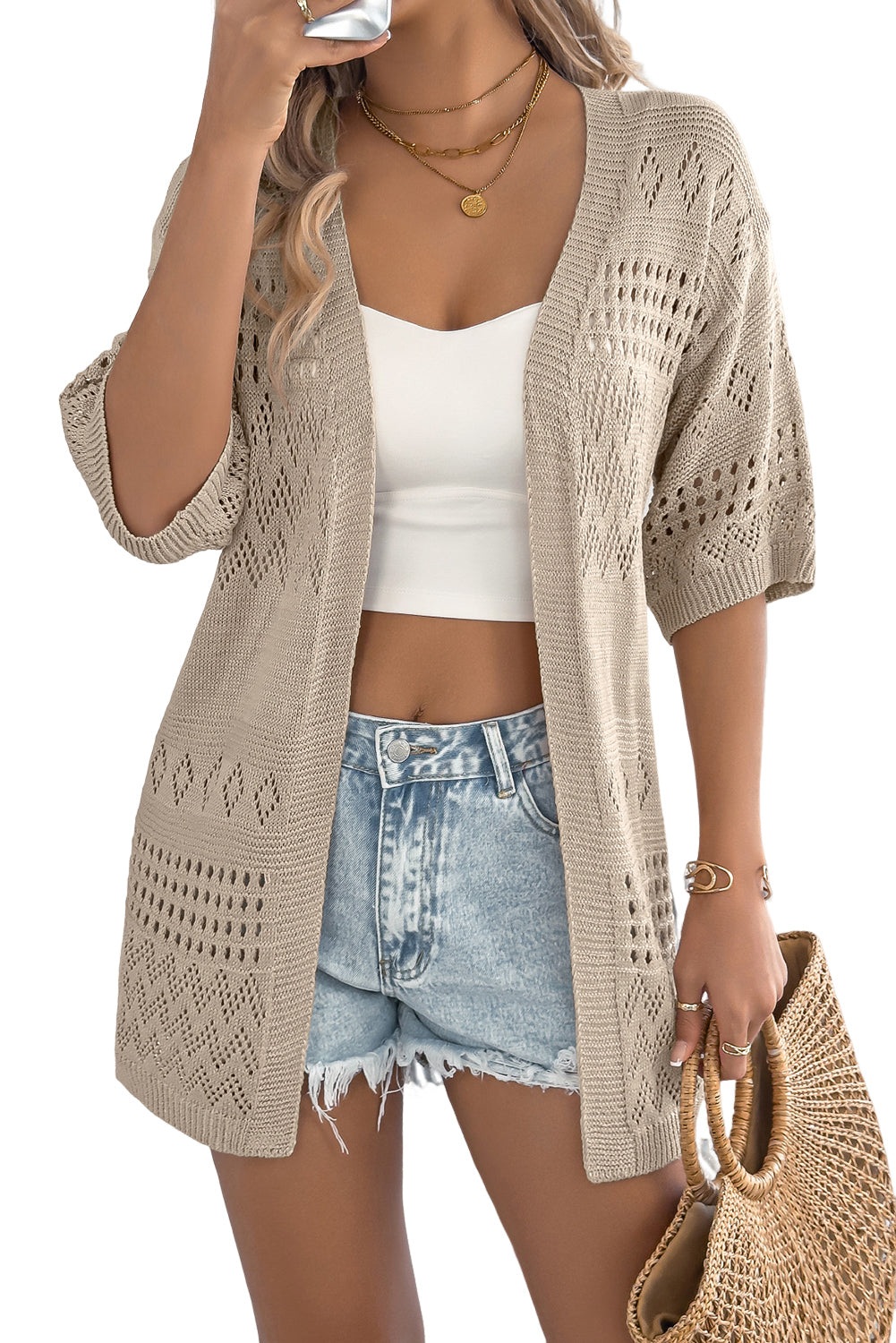 Smoke Gray Solid Color Hollow Knit Cardigan