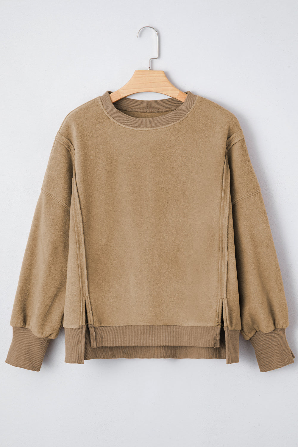 Dark Khaki Fuzzy Sherpa Splicing Pullover Sweatshirt