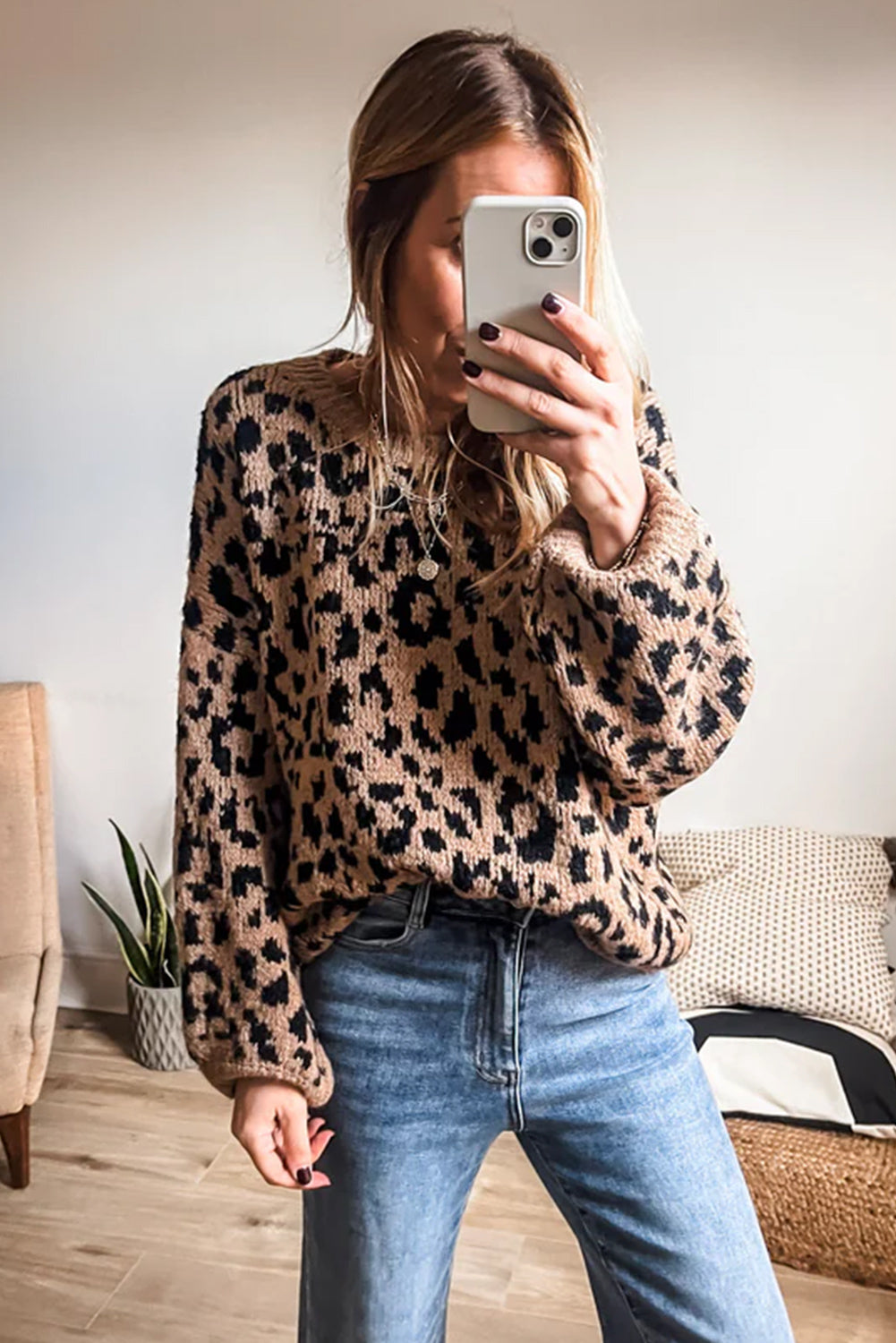 Light French Beige Leopard Round Neck Long Sleeve Sweater