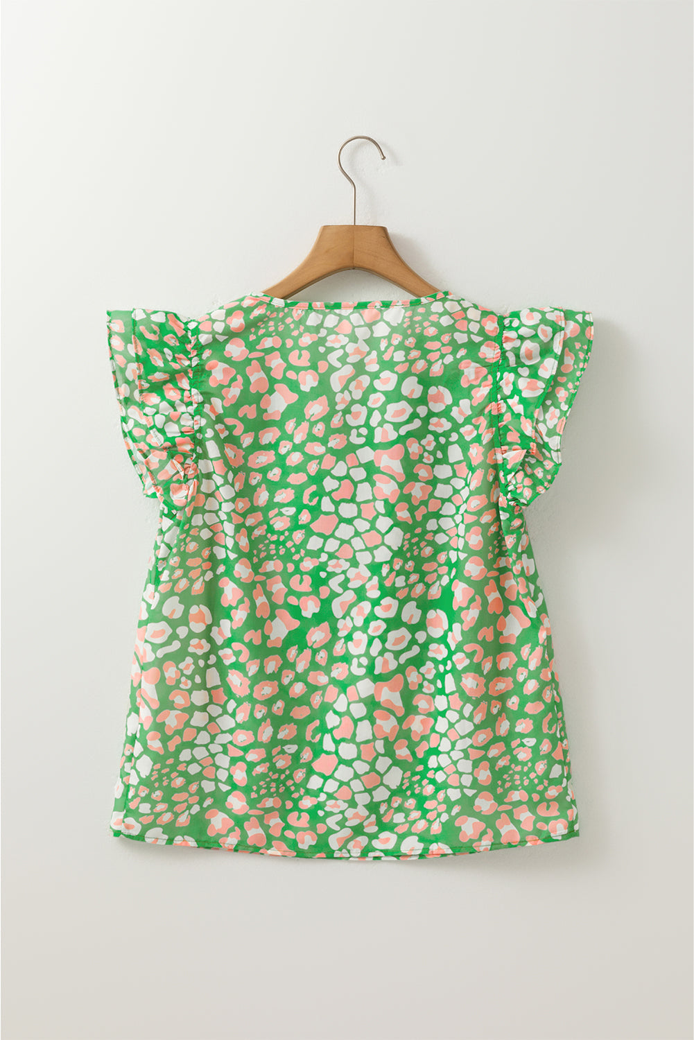 Green Abstract Leopard Tie Front Flutter Sleeve Blouse