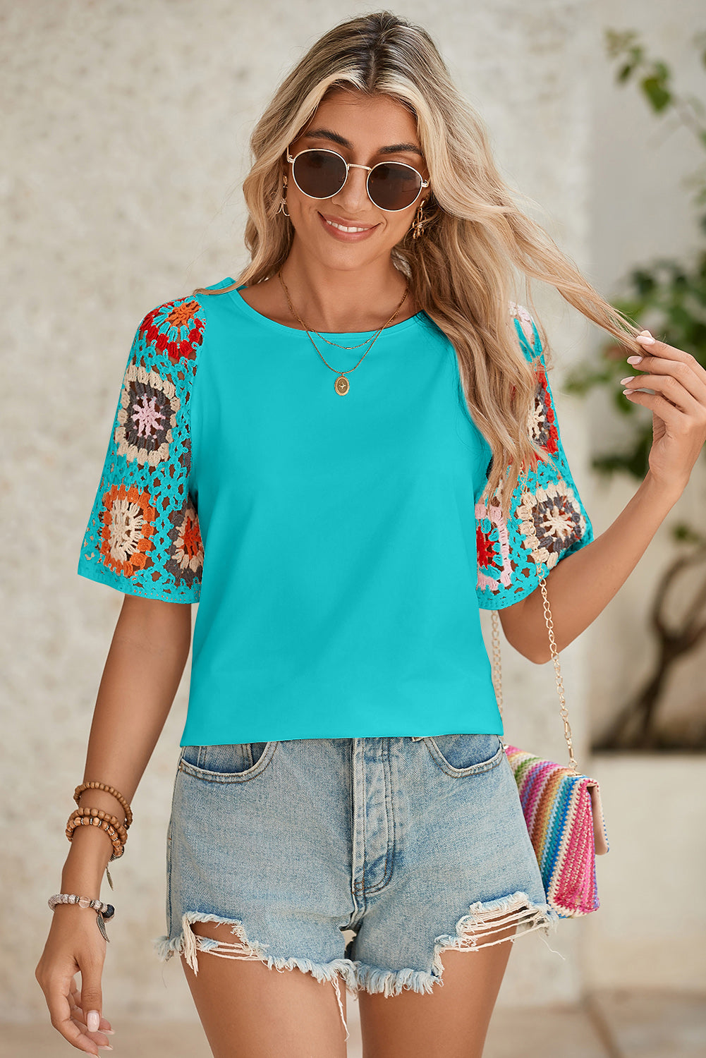 Turquoise Boho Hollowed Floral Crochet Sleeve T Shirt