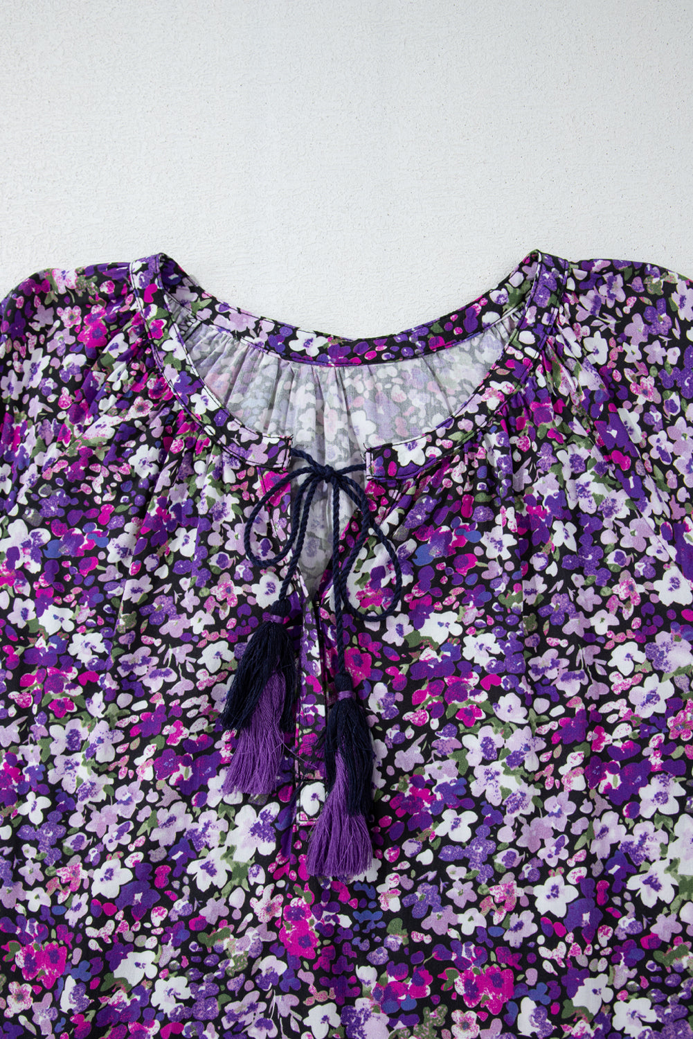 Purple Boho Ditsy Floral Split V Neck Bubble Sleeve Blouse