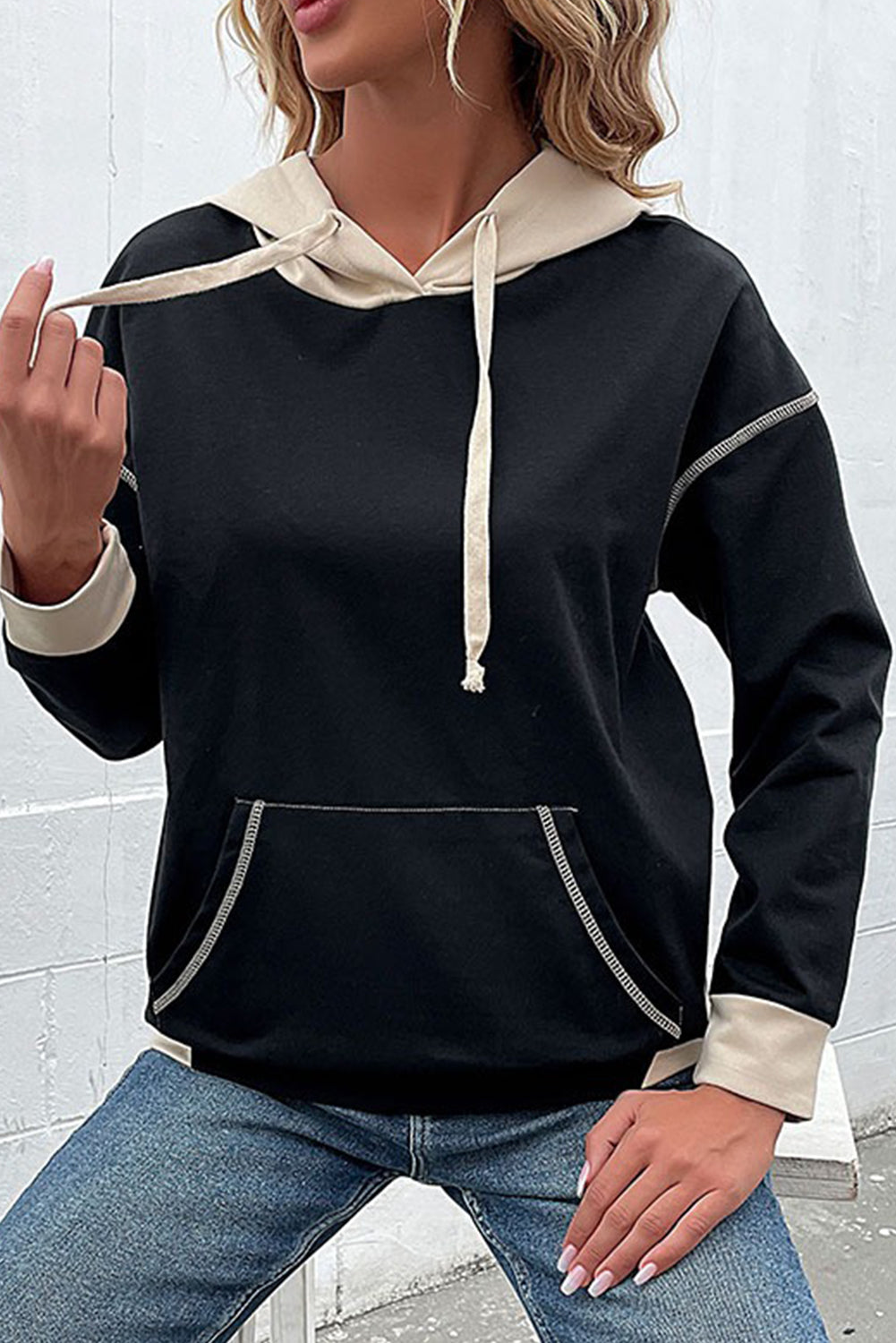 Black Contrast Trim Kangaroo Pocket Hoodie