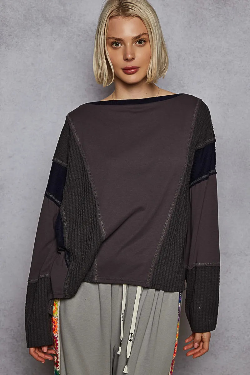 Contrast Round Neck Long Sleeve T-Shirt