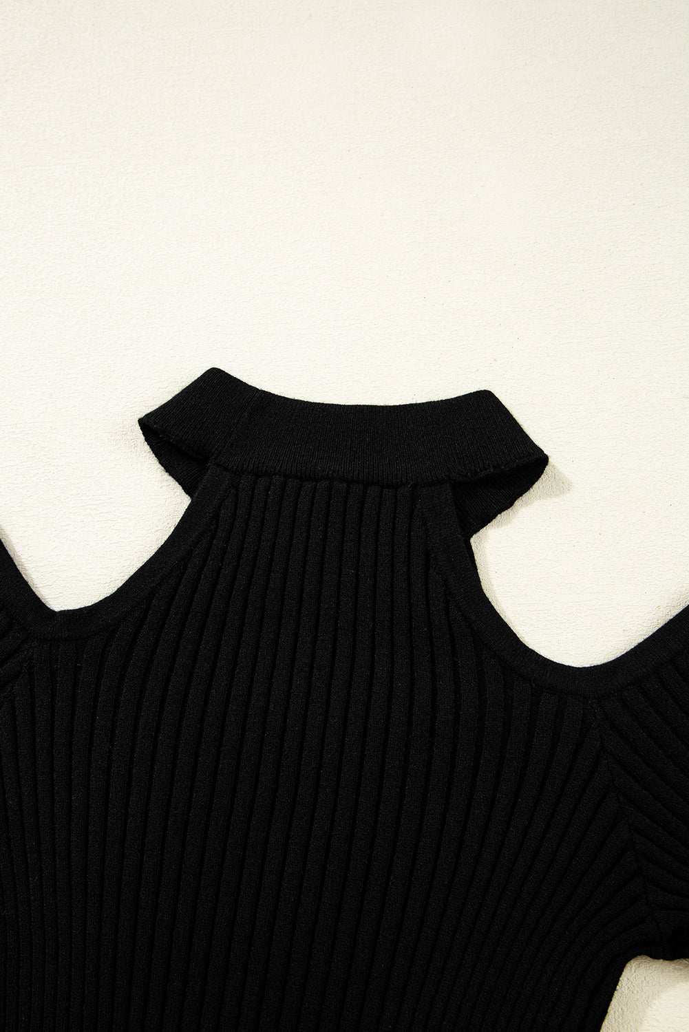 Black Ribbed Knit Cold Shoulder Choker Neck Sweater