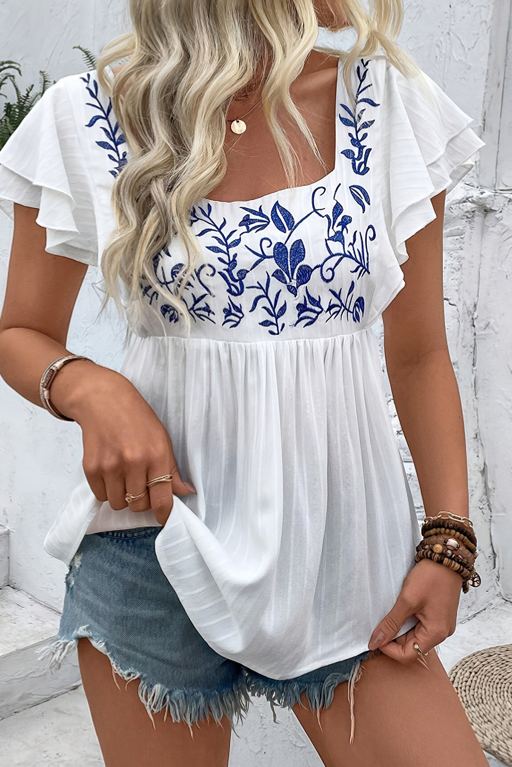 White Boho Embroidered Square Neck Pleated Ruffle Sleeve Blouse