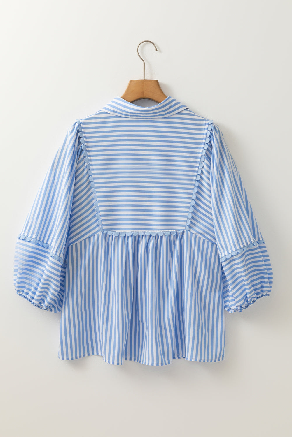Sky Blue Striped Ric Rac Trim Collared V Neck Blouse