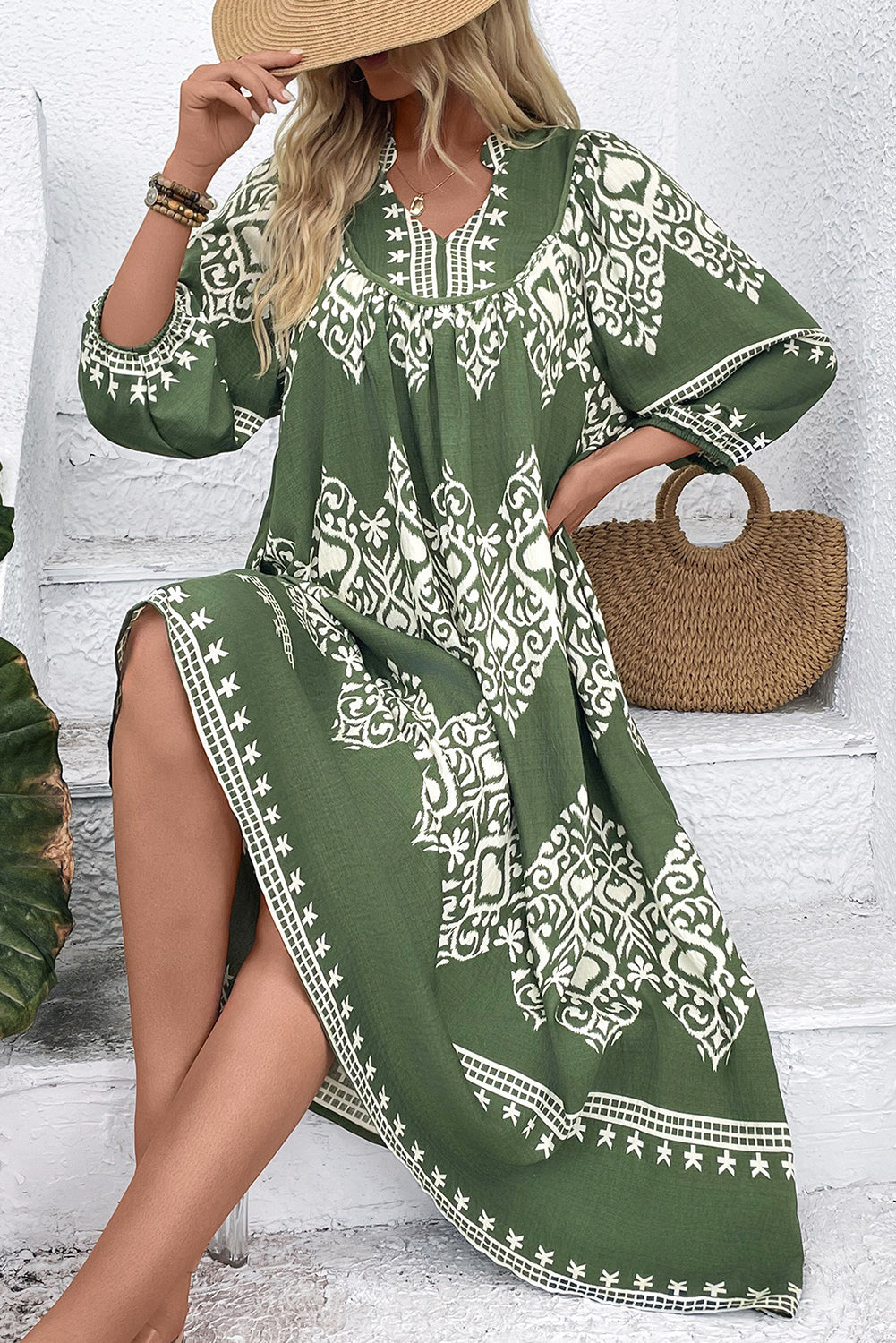 Green Abstract Geometric Print Long Sleeve Vacation Dress