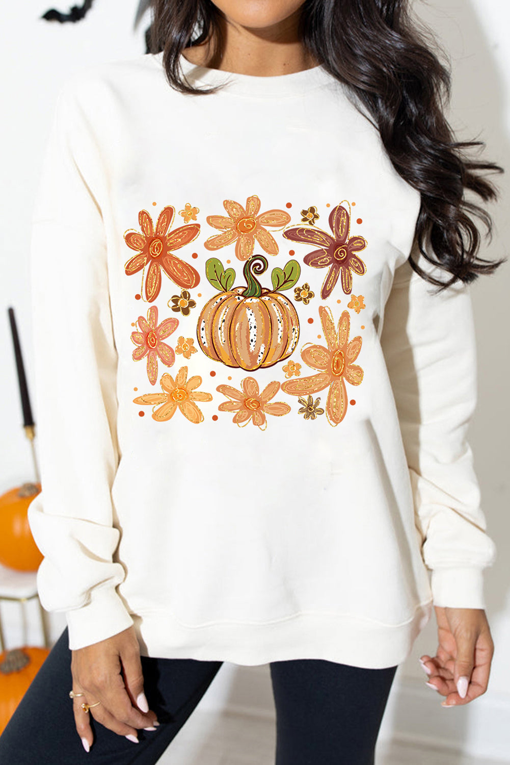 White Flower Pumpkin Printed Cotton Blend Sweatshirt