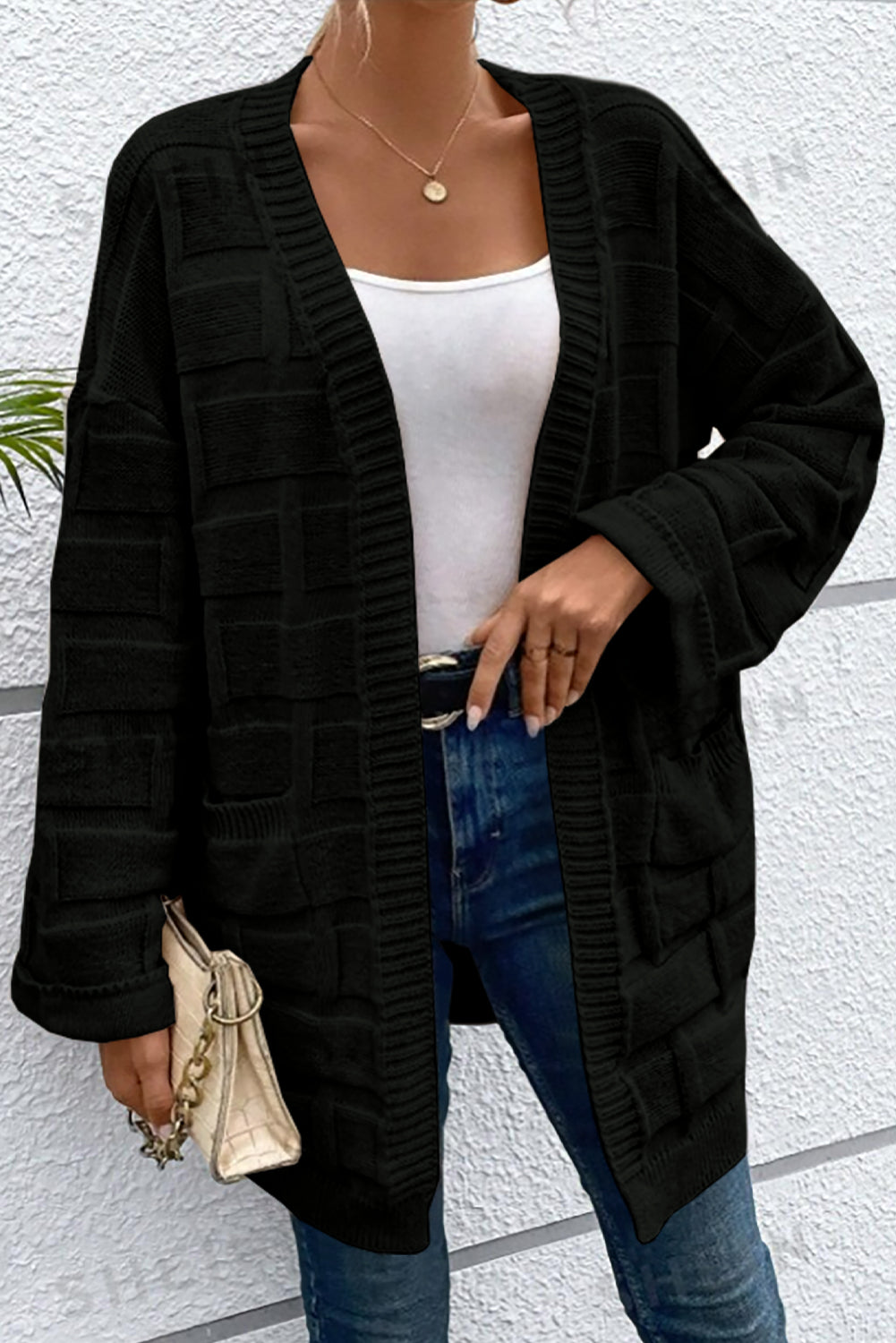 Black Solid Color Pocket Open Front Cardigan