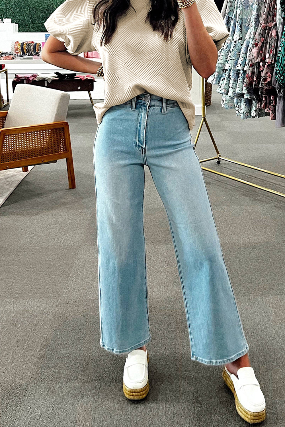 Oatmeal Solid Color Textured Puff Sleeve T-shirt