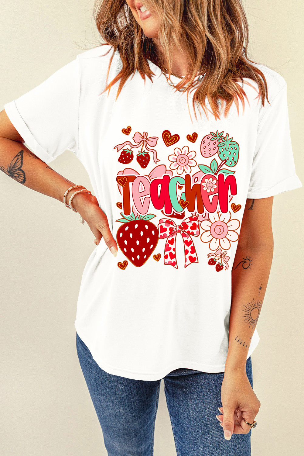 White Cute Strawberry Floral Teacher Graphic Custom Tee