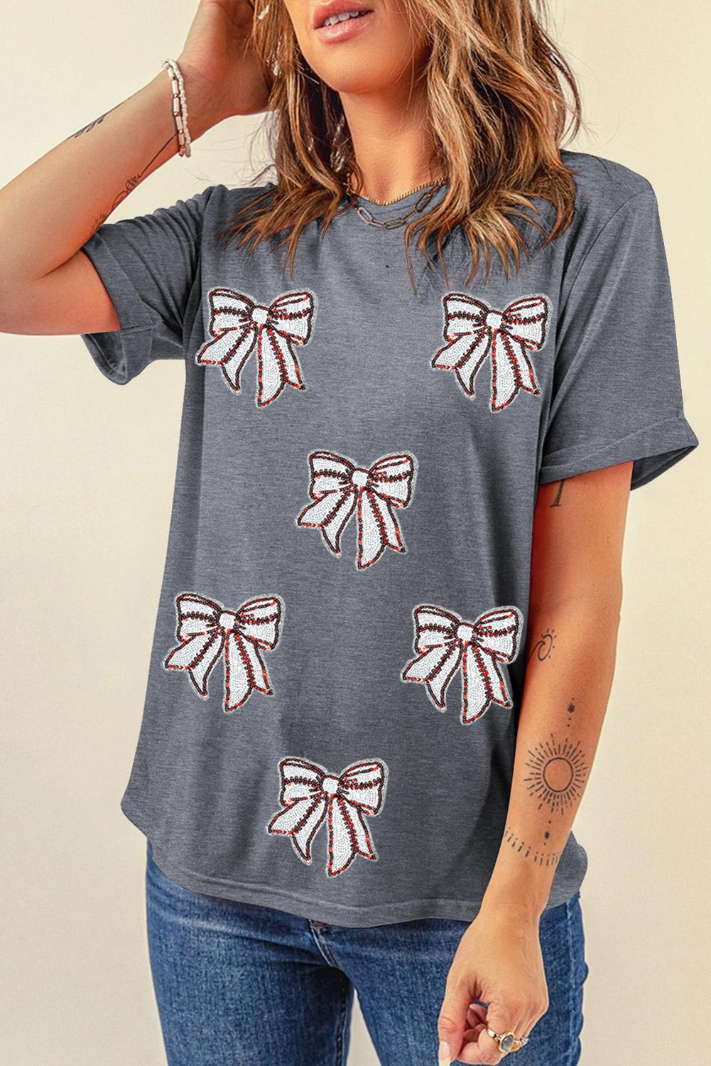 Gray Game Day Sequin Bow Fashion Graphic Tee