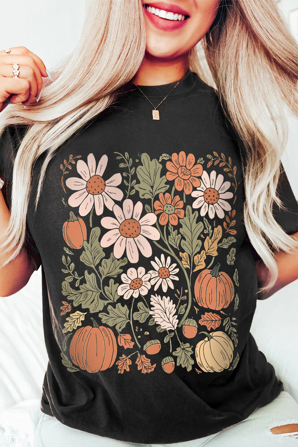 Black Wild Flower Pumpkin Print T Shirt