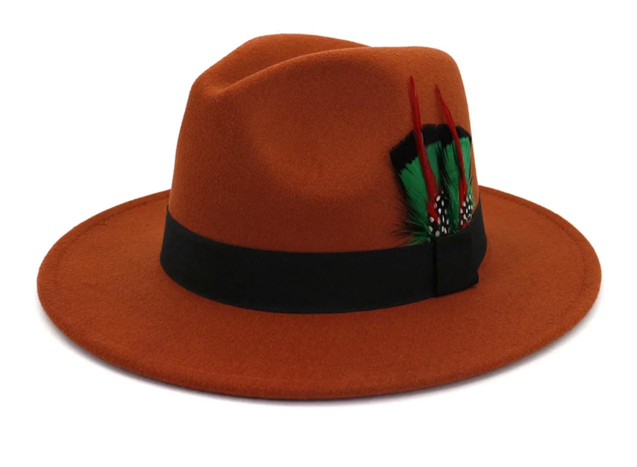 Boss-Rust Feathered Fedora Hat - Classic Design with Rust Finish, Ideal for Special Occasions and Outdoor Events-0