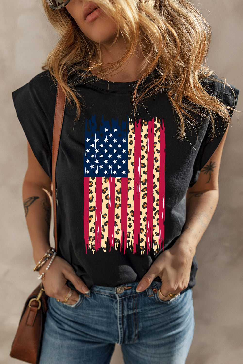 Black Leopard USA Flag Printed Sleeveless Cotton Top