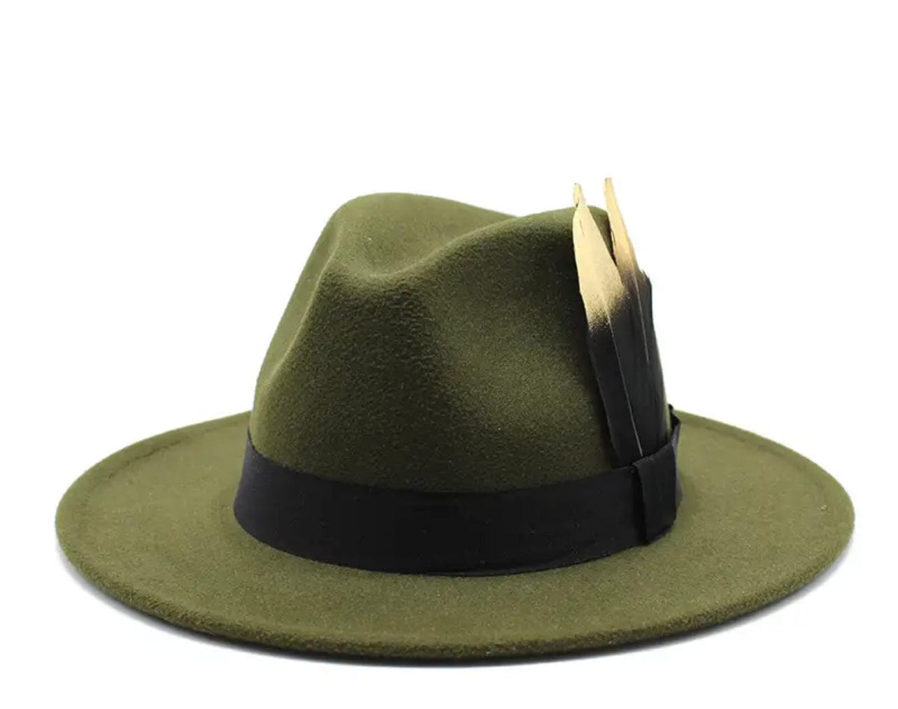 Gold Feathered  Fedora Hat-Olive-0
