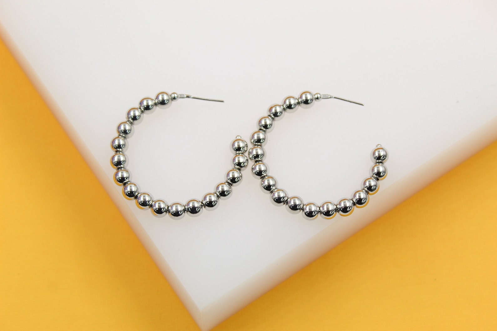 18K Gold Filled Round Golden Beaded Open Hoop Stud Earrings (K51)-2