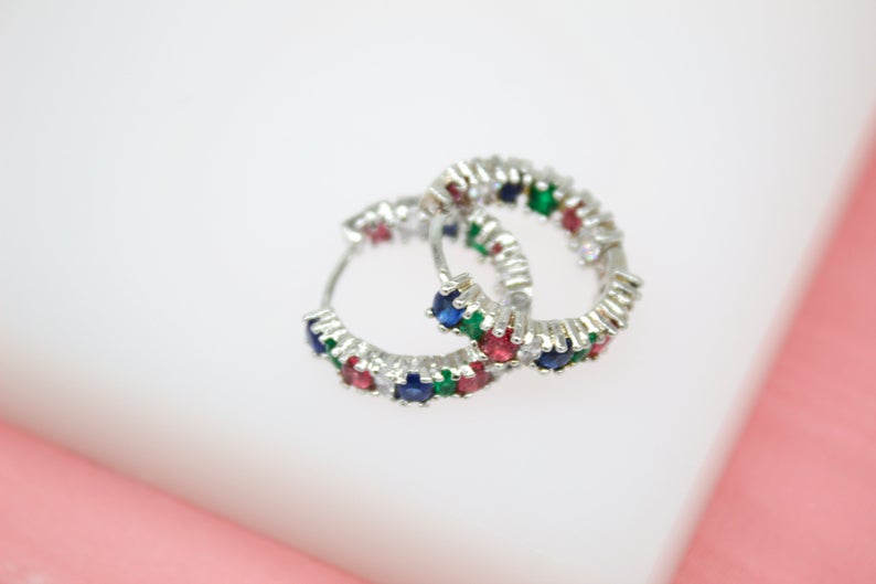 18K Gold And Rhodium Filled Hoop Earrings With MulitColor CZ Cubic Zirconia Stones (L224)-4