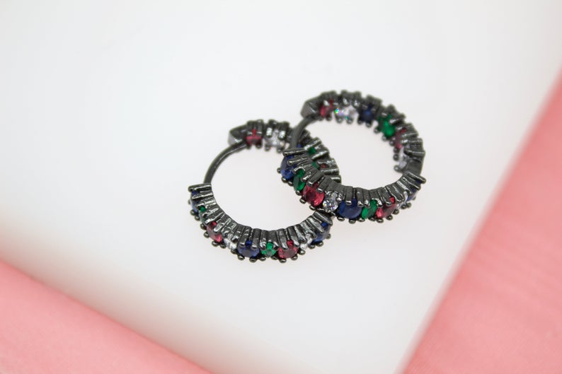 18K Gold And Rhodium Filled Hoop Earrings With MulitColor CZ Cubic Zirconia Stones (L224)-5