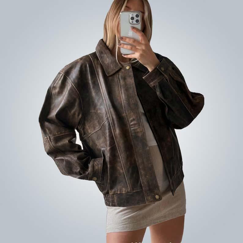 1980s Oversized Retro Distressed Brown Vintage Real Leather Jacket Women’s Streetwear Loose Fit Boxy Leather Jacket, Gift For her