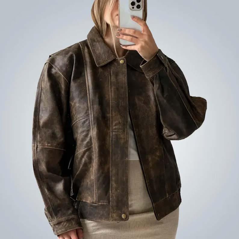 1980s Oversized Retro Distressed Brown Vintage Real Leather Jacket Women’s Streetwear Loose Fit Boxy Leather Jacket, Gift For her