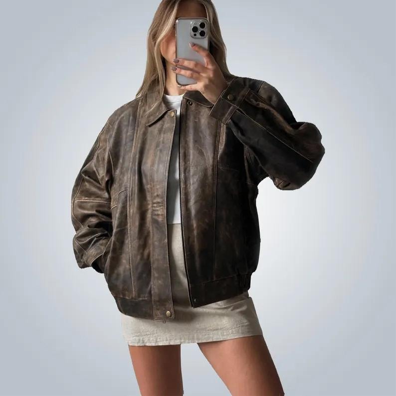 1980s & 90s Oversized Retro Distressed Brown Vintage Handmade Real Leather Jacket Women’s Streetwear Loose Fit Boxy Leather Coat,Ladies gift