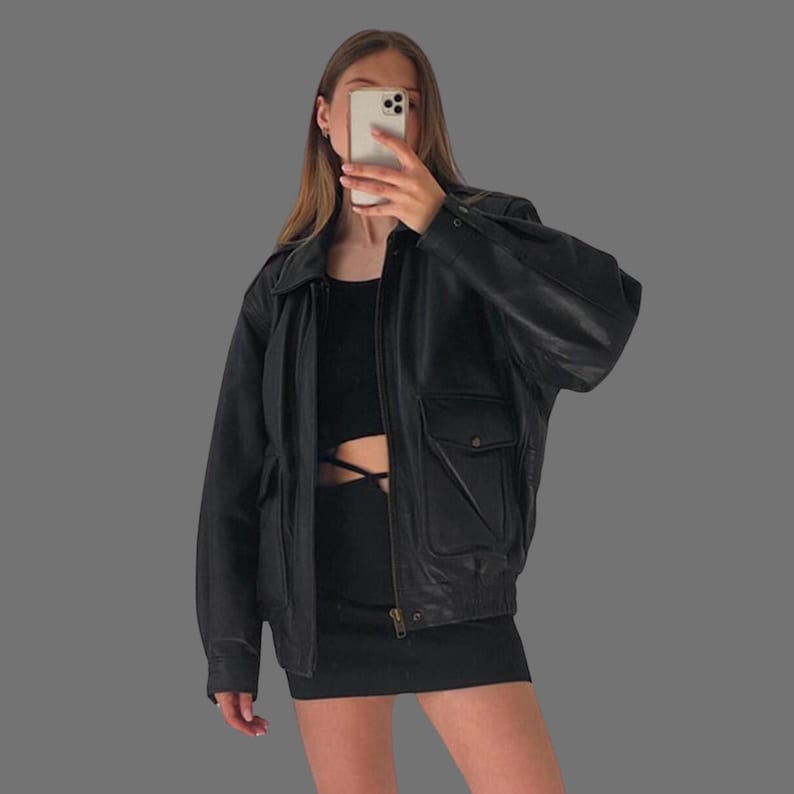 1980s Women Handmade Black Oversized Vintage Bomber Retro Real Leather Jacket | Ladies Oversize Genuine Leather Jacket