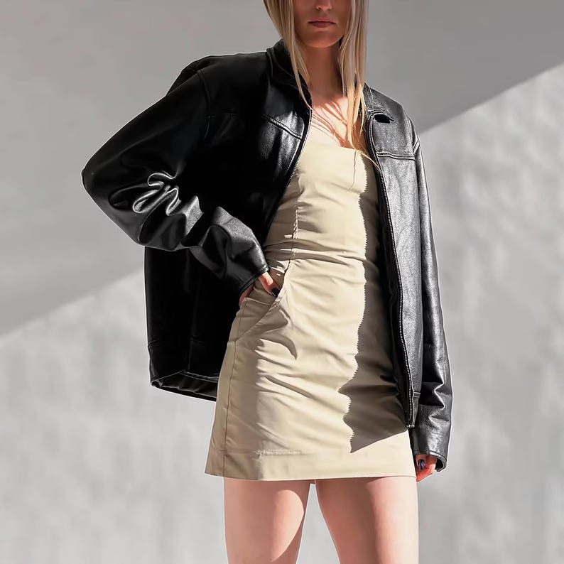 1990 Ladies Pure black Leather Bomber jacket, Women Oversized Straight Cut Sheep Leather, Women's Soft Casual jacket, Gift streetwear outfit