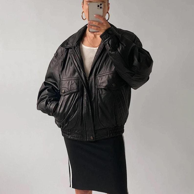 1980s Oversized Vintage Black Leather Jacket Long Sleeve Leather Jacket Women Plus Size Leather Jacket Ladies For Gift Jacket Collection