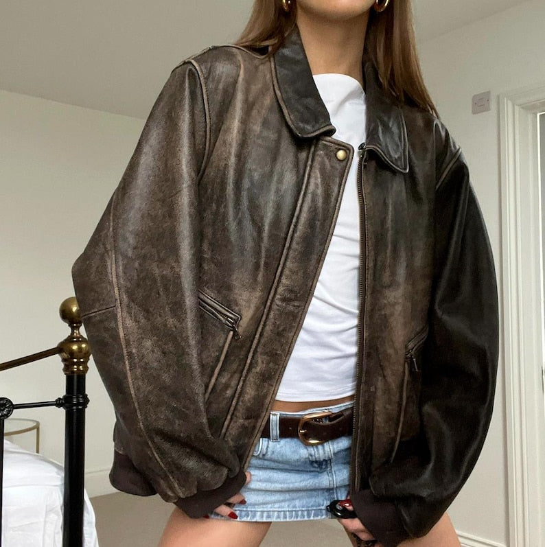 80s Women Vintage Retro Distressed Brown Leather jacket/Oversized Straight Cut Sheep Leather Jacket/Ladies Leather jacket/Women Gift For Him