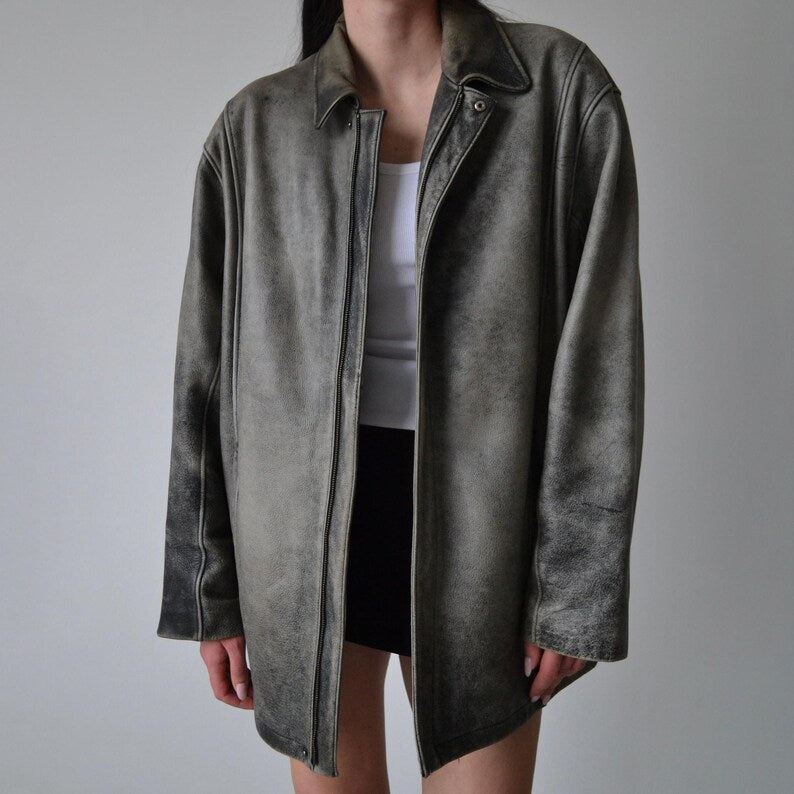1980s Oversized Retro Distressed Grey Vintage Real Leather Jacket Women’s Streetwear Loose Style Leather Jacket, Gift For her