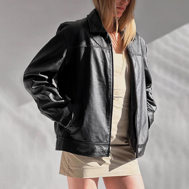 1990 Ladies Pure black Leather Bomber jacket, Women Oversized Straight Cut Sheep Leather, Women's Soft Casual jacket, Gift streetwear outfit