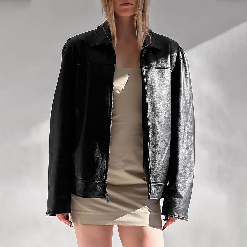 1990 Ladies Pure black Leather Bomber jacket, Women Oversized Straight Cut Sheep Leather, Women's Soft Casual jacket, Gift streetwear outfit