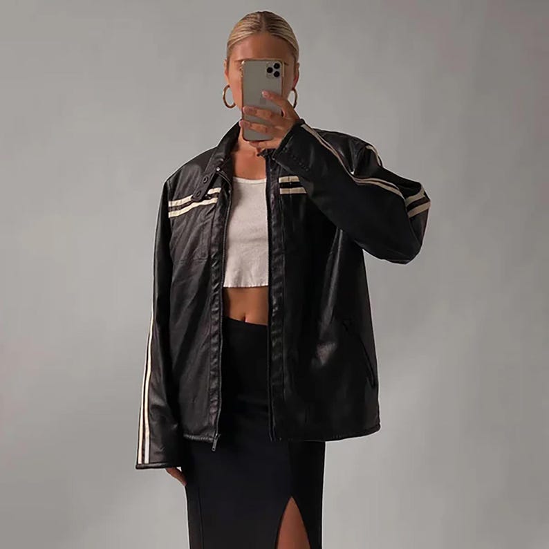 80's Women's Vintage Black Oversized Jacket, Women Casual Genuine Leather Jacket, Ladies Black Striped Jacket, 80's Style Jacket, Gift Her