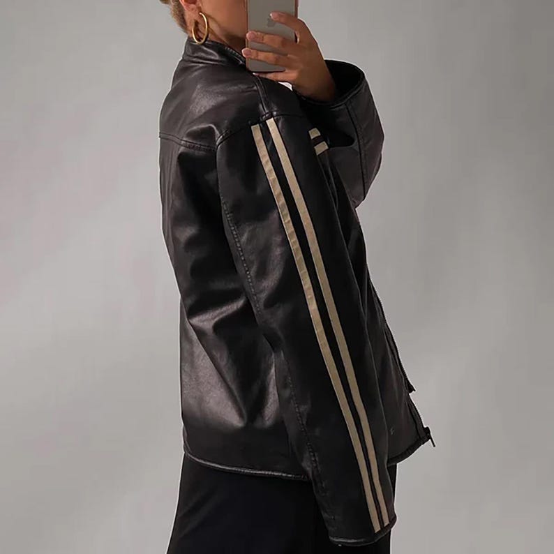 80's Women's Vintage Black Oversized Jacket, Women Casual Genuine Leather Jacket, Ladies Black Striped Jacket, 80's Style Jacket, Gift Her