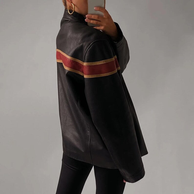 1980's Women Distressed Black Oversized Jacket, Women's Casual Genuine Leather Jacket, Women Black Striped Jacket, Christmas Gift For Her