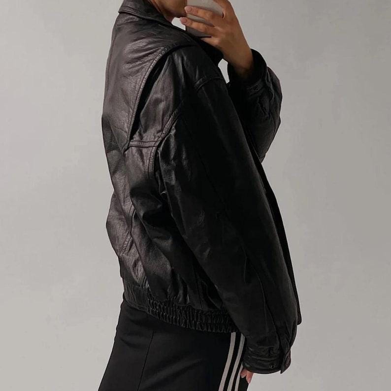 1980s Oversized Vintage Black Leather Jacket Long Sleeve Leather Jacket Women Plus Size Leather Jacket Ladies For Gift Jacket Collection