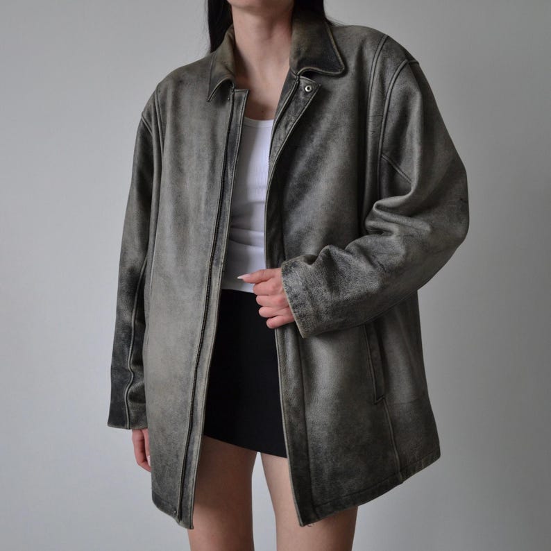 1980s Oversized Retro Distressed Grey Vintage Real Leather Jacket Women’s Streetwear Loose Style Leather Jacket, Gift For her