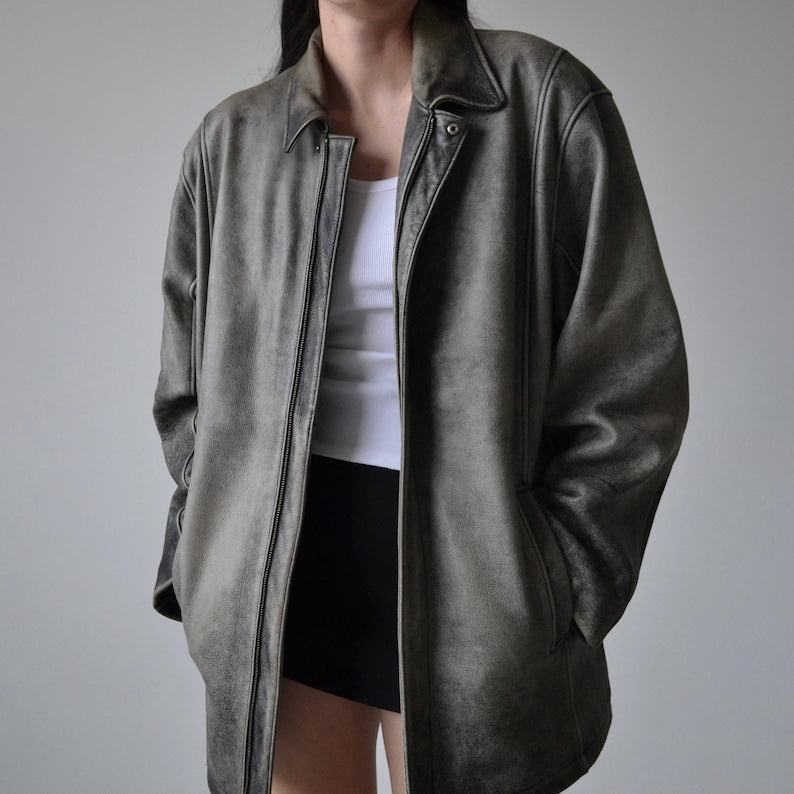 1980s Oversized Retro Distressed Grey Vintage Real Leather Jacket Women’s Streetwear Loose Style Leather Jacket, Gift For her