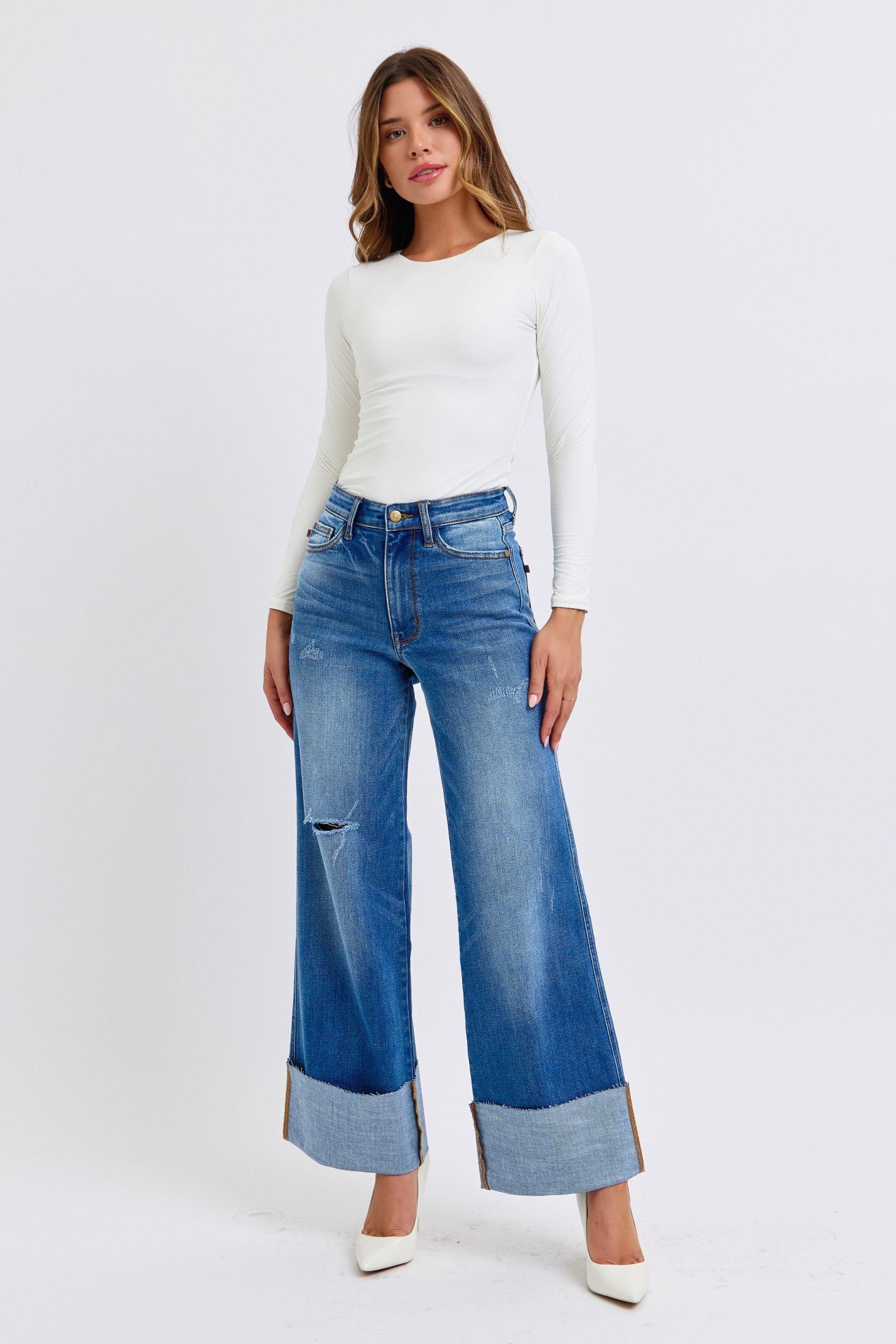 Judy Blue Full Size Distressed High Waist Wide Leg Jeans-4