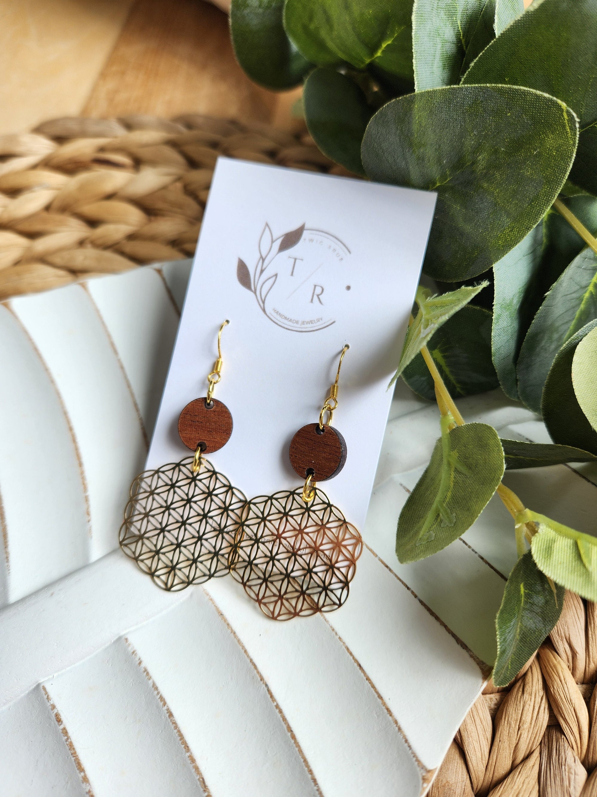 Gold and Wood Filigree Earring